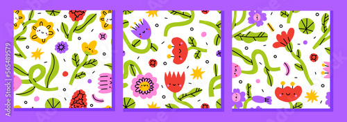 Set of 3 cute funny kawaii smile face flowers pattern.Vector cartoon kawaii character illustration design. Positive smile face,garden bundle set concept. Funny happy daisy with eyes and smile.