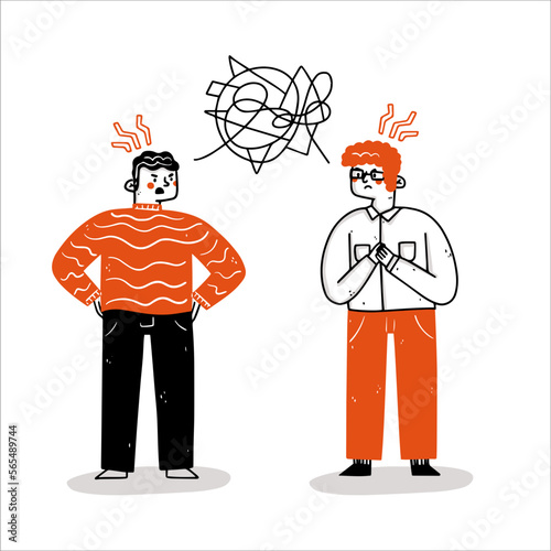 Male characters shouting, blaming and criticizing. Use for web, poster, banner. Concept of breaking love relationship. Divorce. Former couple. Conflict between lovers. Parting homosexual couple. 