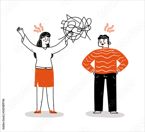 Angry man yelling at girlfriend or wife. Couple quarrelling. Family crisis, breakup and divorce concept. Modern flat vector illustration. An illustration of an in trouble couple