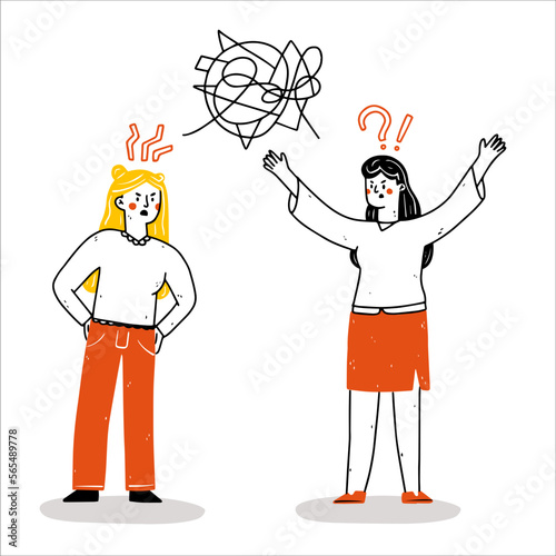 Angry woman yelling at girlfriend or wife. Couple quarrelling. Family crisis, breakup and divorce concept. Modern flat vector illustration. An illustration of an in trouble homosexuality couple