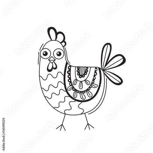 Cute chicken. Hand drawn bird in cartoon style. Line art doodle. Detailed ornamented illustration, with beautiful decorations for coloring book. Vector isolated.