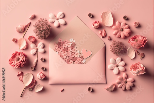 Valentine's Day Concept Background featuring Pink Flowers, an Envelope, and Hearts on a Pastel Pink Background. Perfect for Flat Lay and Top View Photography with Copy Space for Your Text