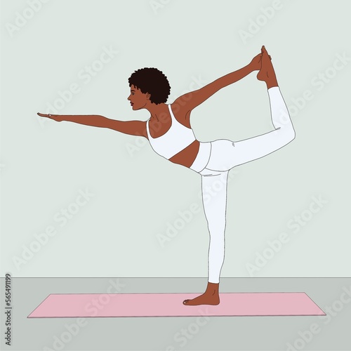 Dancer Pose (Lord Of The dance) / Natarajasana. Flexible standing woman doing practicing deep stretch yoga asana pose exercise at home studio. Minimalistic illustration, african american woman, beauty photo