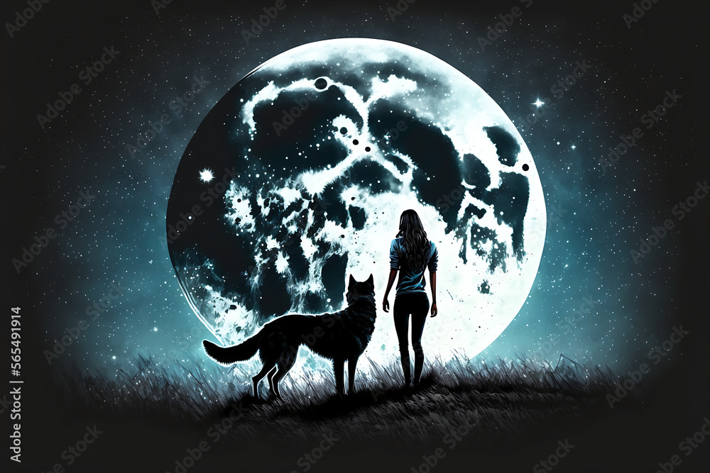 woman and dog at night with huge moon generative AI