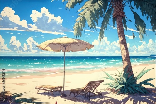 Tropical Anime Beach with sunchairs and umbrellas, Abstract Art, Digital Illustration, Generative AI © Badger