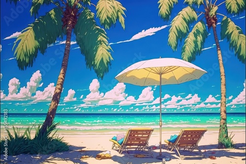 Tropical Anime Beach with sunchairs and umbrellas, Abstract Art, Digital Illustration, Generative AI