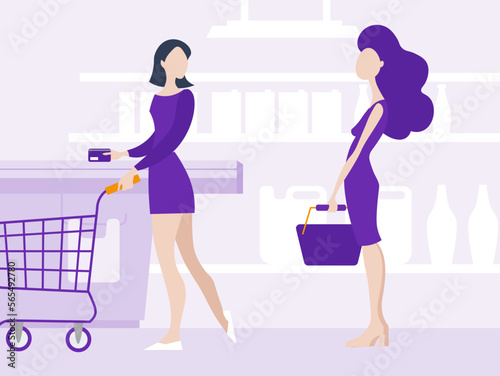 two women stand in line at the cash register in a supermarket