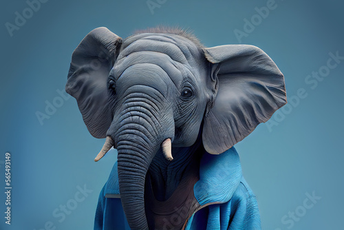 Elephant. Abstract, creative, illustrated, minimal portrait of a wild animal dressed up as a man in elegant clothes. Blue Background. Generative AI.