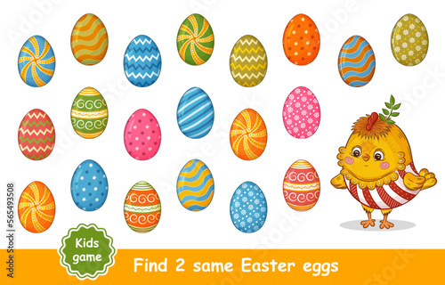 Easter holiday children education puzzle game. Find two same colored chicken egg. Search identical pair painted eggshell. Cute chick rooster bird character. Kid preschool logical learning task. Vector