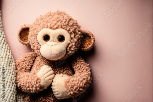Valentine's Day Concept Background Featuring a Cute Stuffed Animal Monkey on a Red background. Perfect for Flat Lay and Top View Photography with Copy Space for Your Text