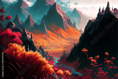 Autumn canyon and river landscape illustration.
