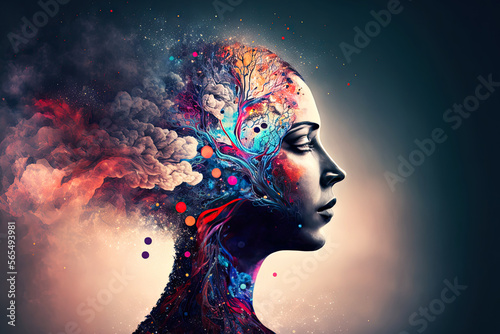  beautiful fantasy abstract portrait of a beautiful woman double exposure with a colorful digital paint splash or space nebula generative AI © Adriana