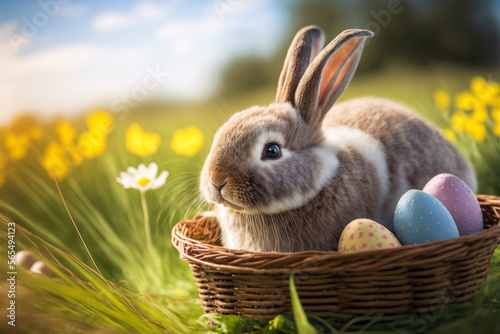cute rabbit in a easter basket on a spring meadow, Generative AI