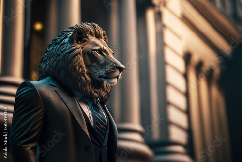Obraz na plátne a lion in a business suit at Wall Street, New York, Generative AI