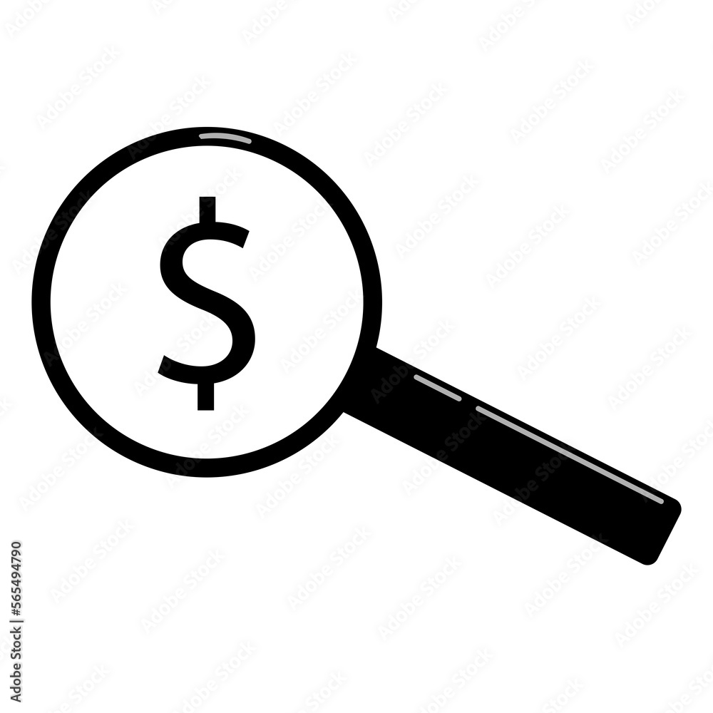 Simple flat black magnifying glass with money dollar sign Simple flat black magnifying glass with money dollar sign
