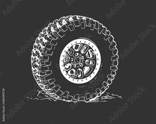 Wheel of the truck. Mud and dirt. Vector line art illustration on black background