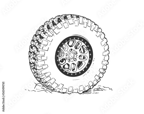 Wheel of the truck. Mud and dirt. Vector line art illustration