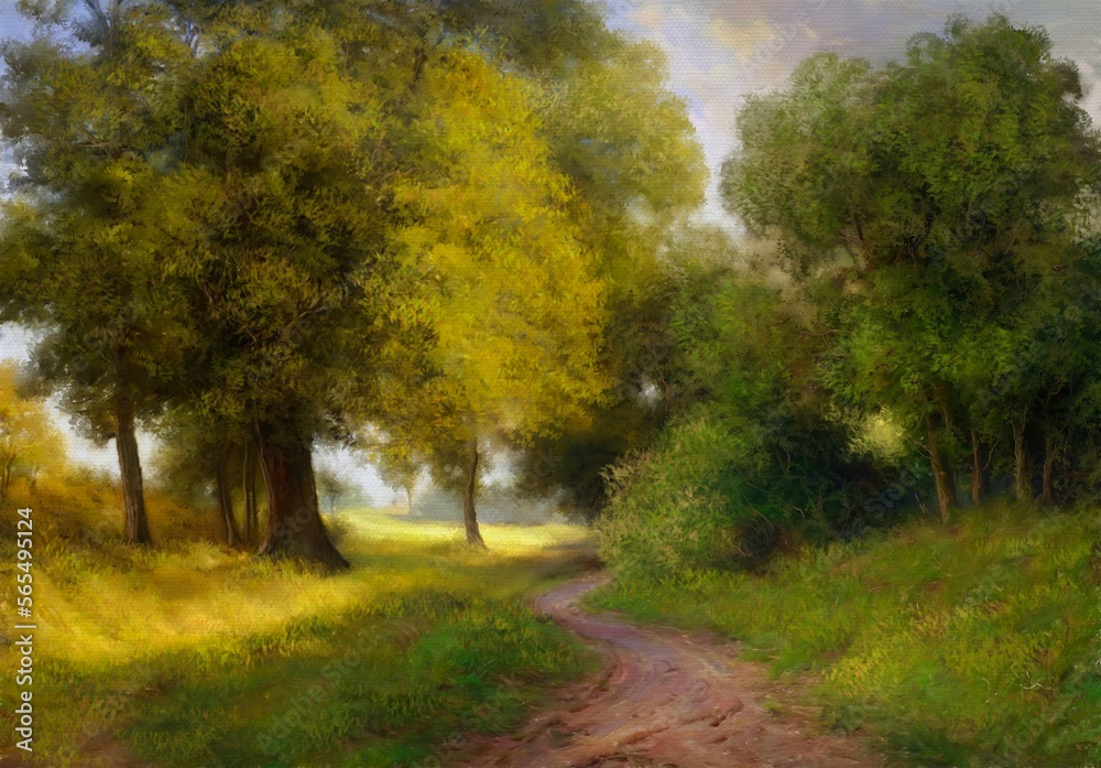 Beautiful summer landscape, road in the forest, trees lit by the sun. Artwork, fine art. Oil paintings landscape.