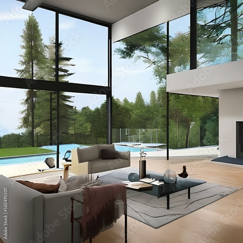 A sleek modern house with a glass exterior and a fireplace in the living room2, Generative AI photo