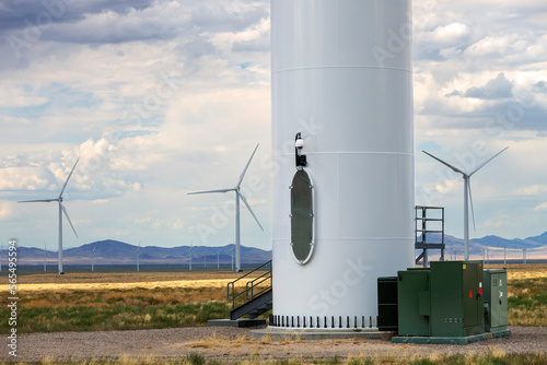 The infrastructure at the base of a wind turbine tower in a large wind farm in the desert of central Utah.