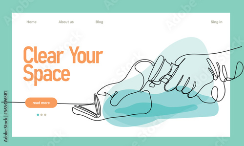 Continuous one line drawing of hand wearing rubber gloves cleaning surface with microfiber cloth or sponge and disinfectant spray during quarantine due. Easy to place your text and brand logo