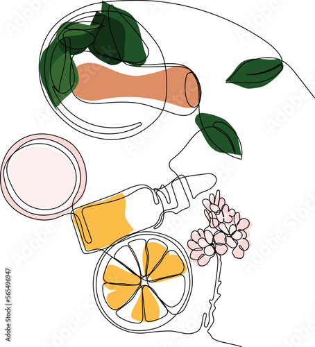 Skin care concept. Landing page template. Morning routine. Bath time. Organic products for scrubbing and body skin care with natural herbal skin care products, top view. Vector illustration