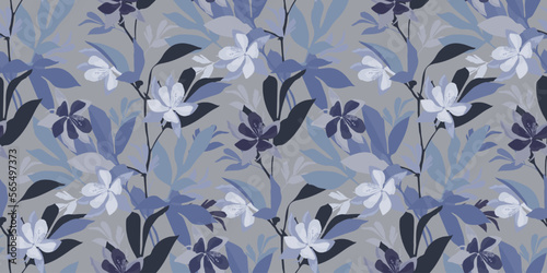 Vector floral seamless pattern in shades of blue and purple. Aquilegia flowers.