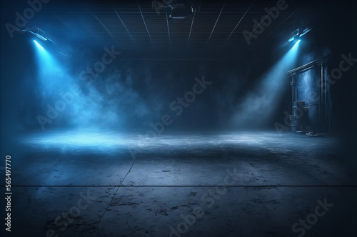dark blue background, an empty dark scene, neon light, and spotlights. The asphalt floor and studio room with smoke float up the interior texture.