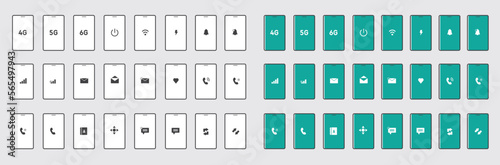 Set of mobile icons, call, wifi, 5g, 4g, notification, sms, text, contacts and more