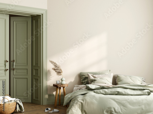 Cozy bedroom interior with bed and pillows, 3d render photo