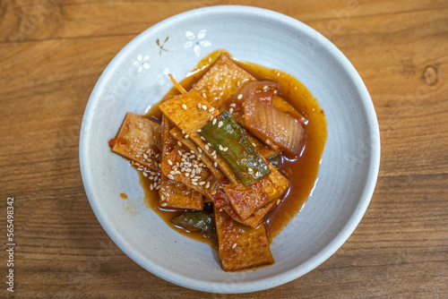Photography Spicy fish cake and vegetables, a side dish at a Korean restaurant