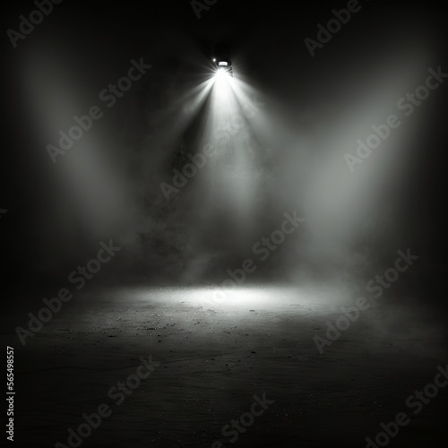 Dark empty street, dark gray background, empty dark stage, spotlights Asphalt floor and studio room with smoke, lighting. night view. Generative AI illustration
