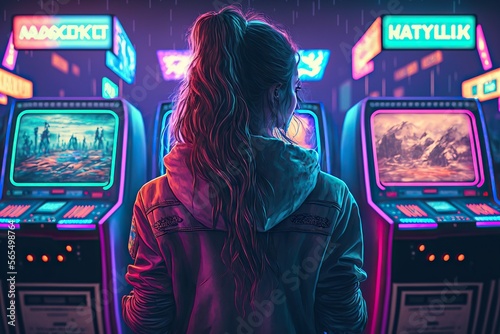 back view girl playing retro Arcade Machine hall, a synthwave hall with slot machines background ,90s vibes ,cyberpunk colored futuristic,high definition, soft lighting, ambient light,Generative ai	
 photo
