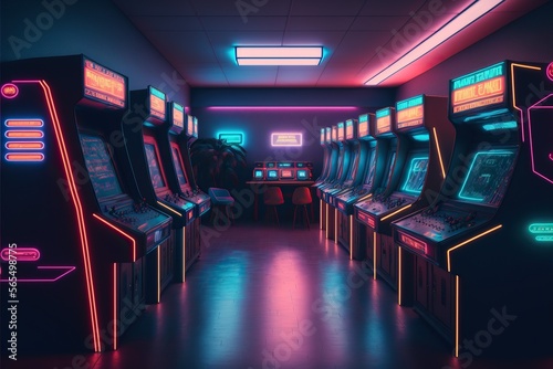 Fotografiet retro Arcade Machin room, a synthwave hall with Arcade Machin ,80s vibes ,cyberp