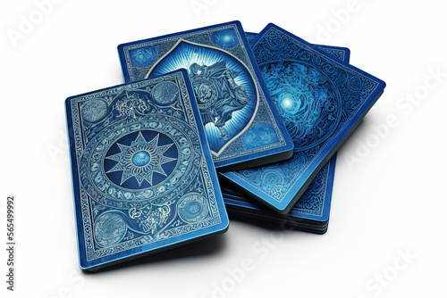 blue tarot cards deck on white starts background holiday divination esoteric concept. Generative ai