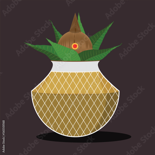Copper kalash with coconut and mango leaves with white thread decoration. Vector illustration. 