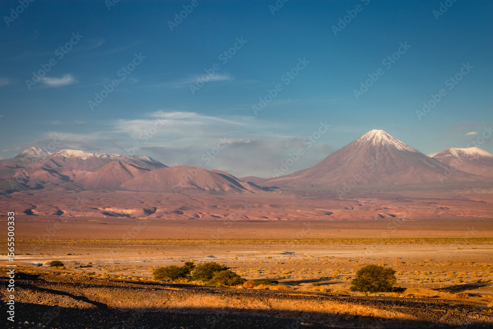 Licancabur and dramatic volcanic landscape at Sunset, Atacama Desert, Chile