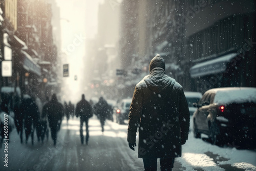 Man walking on the street during snowstorm - Generative AI
