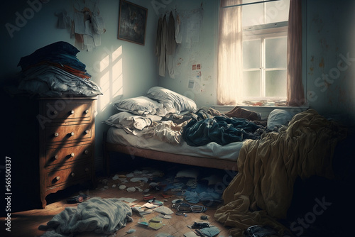 Dirty, messy bedroom - Generative AI photo