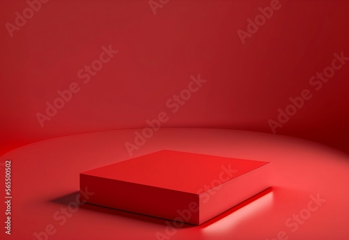 Red product display showcase, empty podium for mockup, square pedestal with plain background, 3d illustration template