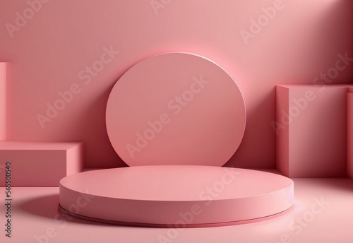 Pink pastel product display showcase, empty podium for mockup, round pedestal with circle and rectangle shapes in background, 3d illustration template for valentines