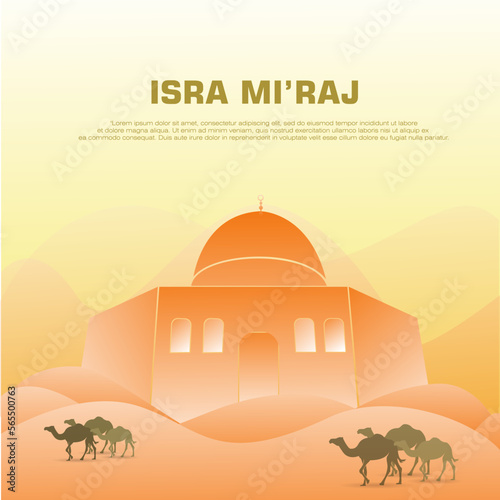 isra mi'raj design template. with desert, camel and mosque elements, with orange gradient color