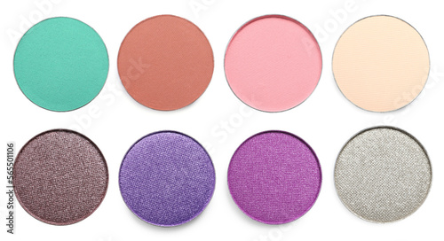 Set of beautiful different eye shadow refill pans on white background