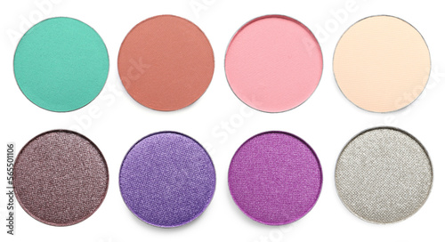 Photos Set of beautiful different eye shadow refill pans on white background