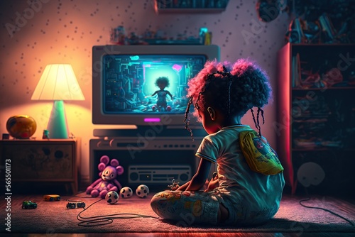 back view  little girl in his gaming room sitting on the floor playing on Retro video game,80s vibes ,cyberpunk colored futuristic,high definition, soft lighting, ambient light,Generative ai	
 photo