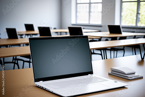 Mockup laptop in a classroom. Generative AI