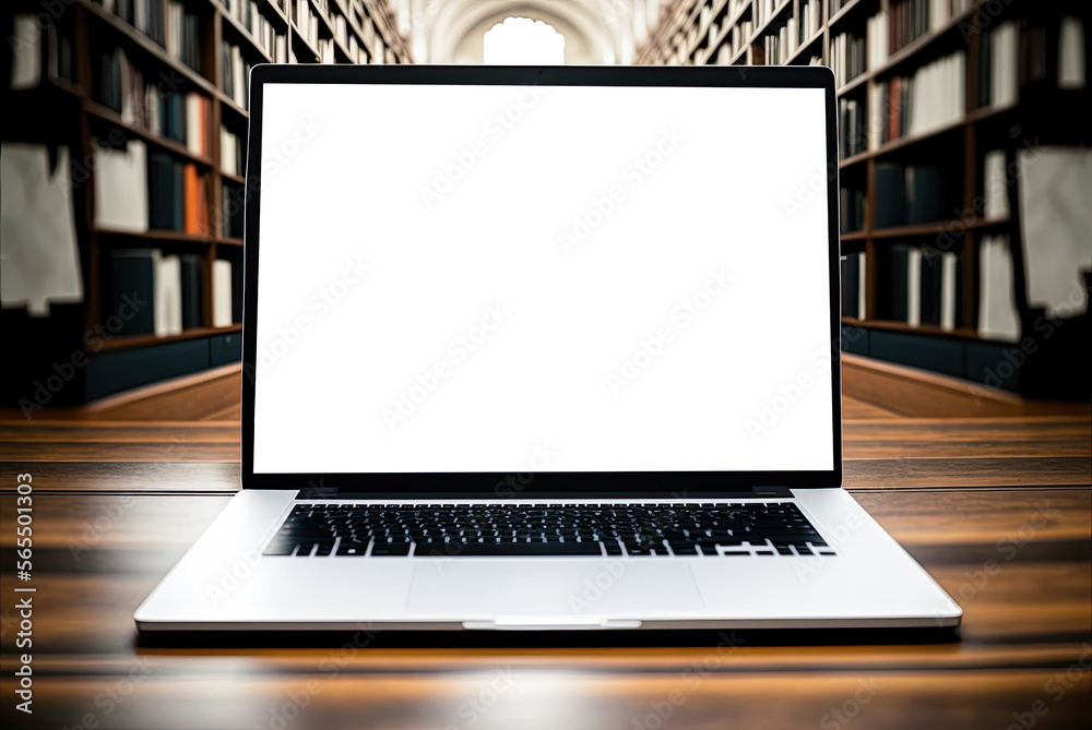 Mockup laptop in a library. Generative AI Mockup laptop in a library. Generative AI