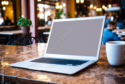 Mockup laptop in a coffee shop. Generative AI