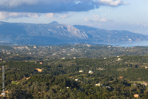 Corfu island view from Kaiser s Throne observation deck lookout  Pelekas village  Greece  Kaiser William II summit Observatory panoramic summer view with mountains  sea and Kerkyra in a background