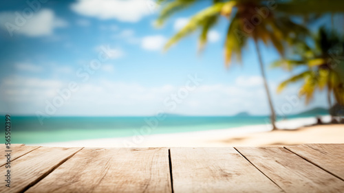 Top of wood table with seascape and palm tree, blur bokeh light of calm sea and sky at tropical beach background. Empty ready for your product display montage. summer vacation background concept. 